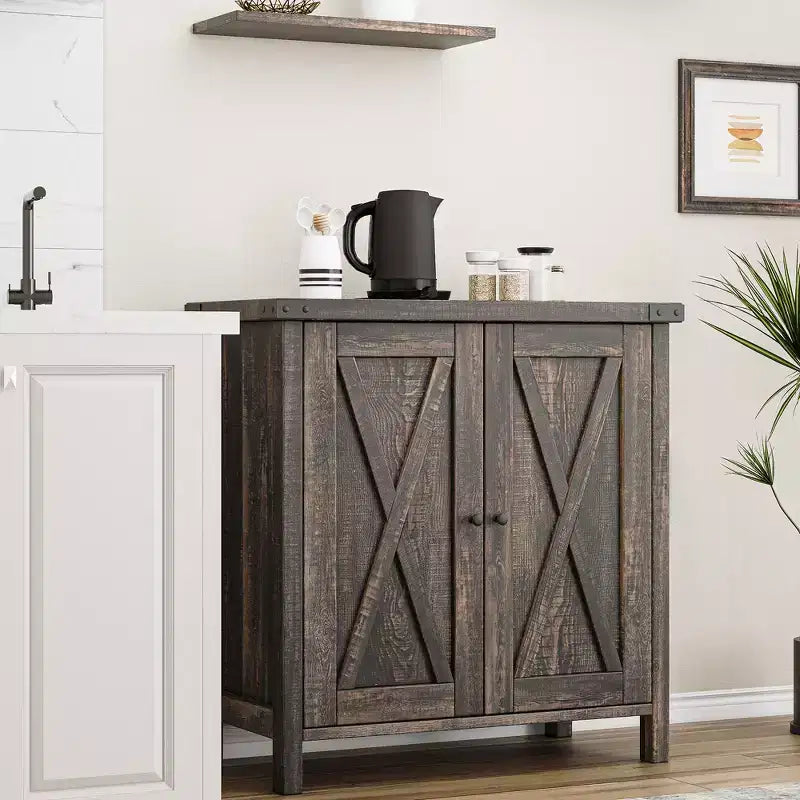 Farmhouse Sideboard with Storage, Kitchen Cabinet with Adjustable Shelves and 2 Barn Doors, Modern Wooden Dining Room Storage Cabinet