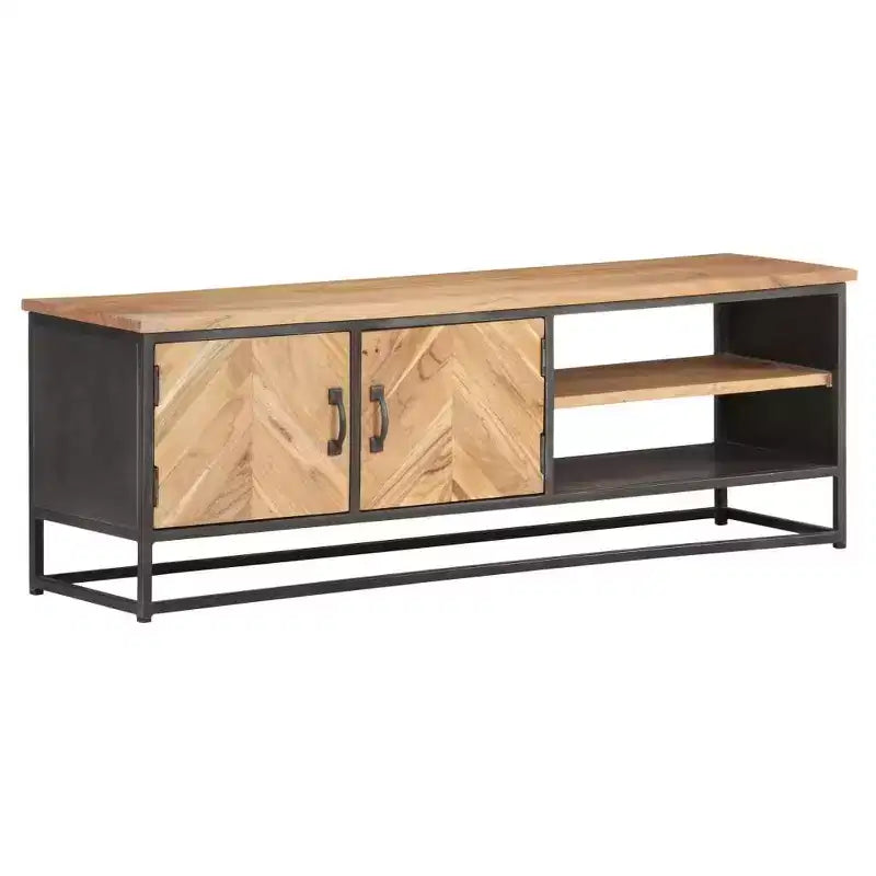 Solid Acacia Wood TV Stand with Steel Base, Industrial Style, Natural Wood Grain
