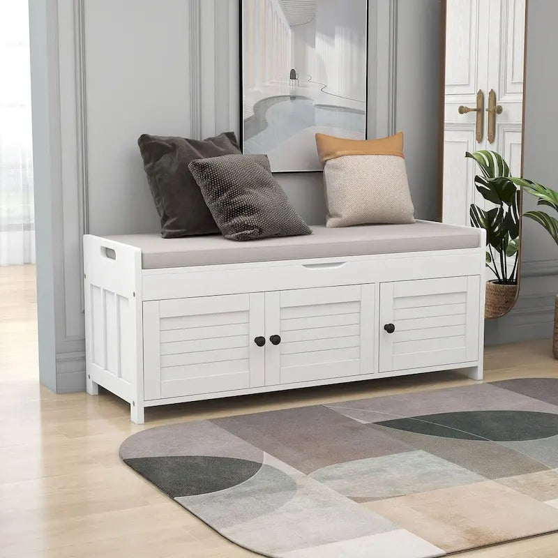 Farmhouse Shoe Storage Bench with Cushion, Shutter Doors & Hidden Compartment