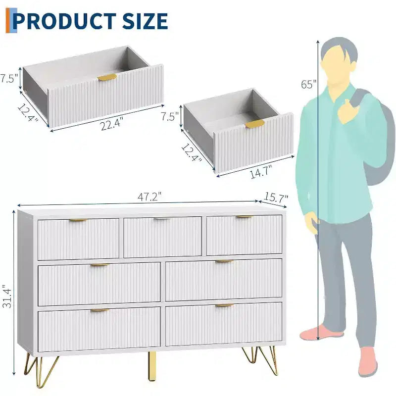 7 Drawer Modern Dresser, 47.2 in Wide Wooden Chest with Gold Metal Legs & Handles, for Bedroom, Entryway, Living Room, Office
