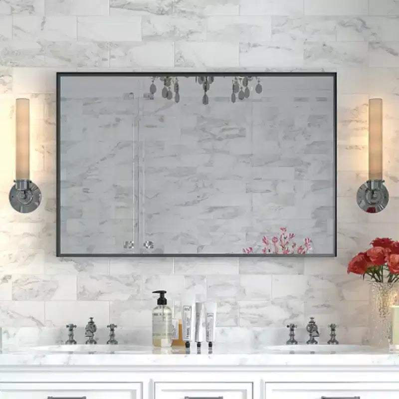 36x30inch Glossy Black Bathroom Mirrors For Wall Rectangle Vanity Mirror Corner Hangs Farmhouse Mirror Modern Metal Framed Rectangular Mirror