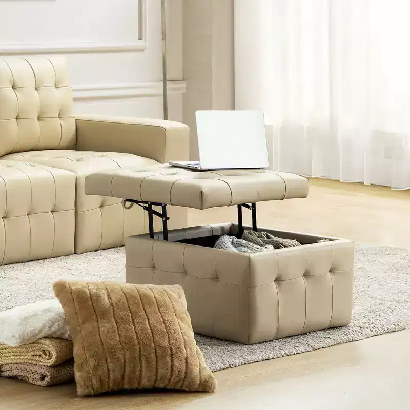 24 Wide Genuine Leather Tufted Square Standard Ottoman with Storage