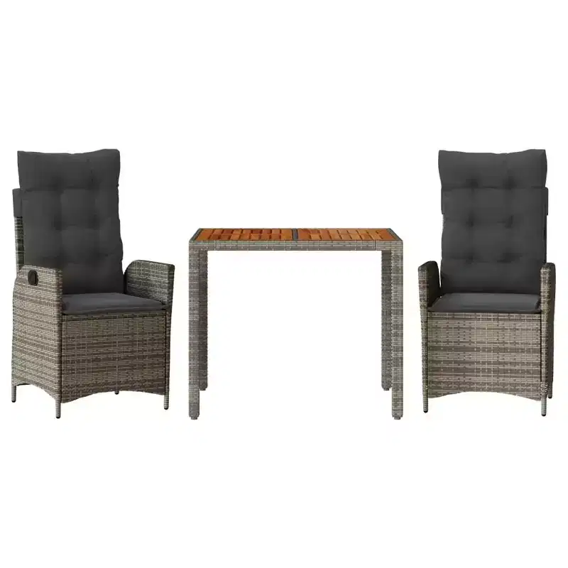 vidaXL 3 Piece Patio Dining Set with Cushions - Poly Rattan Reclining Seats & Acacia Wood Table - Adjustable Backrest - Gray