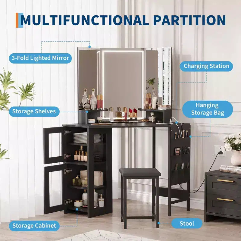 Corner Vanity Desk and Stool, Corner Makeup Vanity with LED Lighted Mirror Charging Station and Cabinet for Bedroom