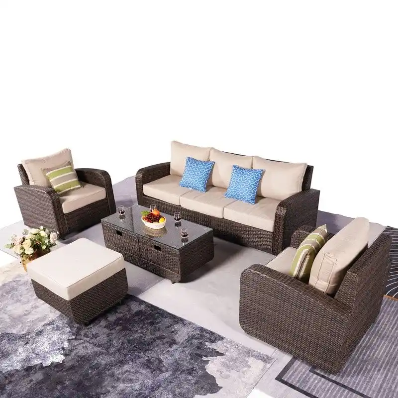 5 Pieces Patio Sectional Sofa with Storage End Table