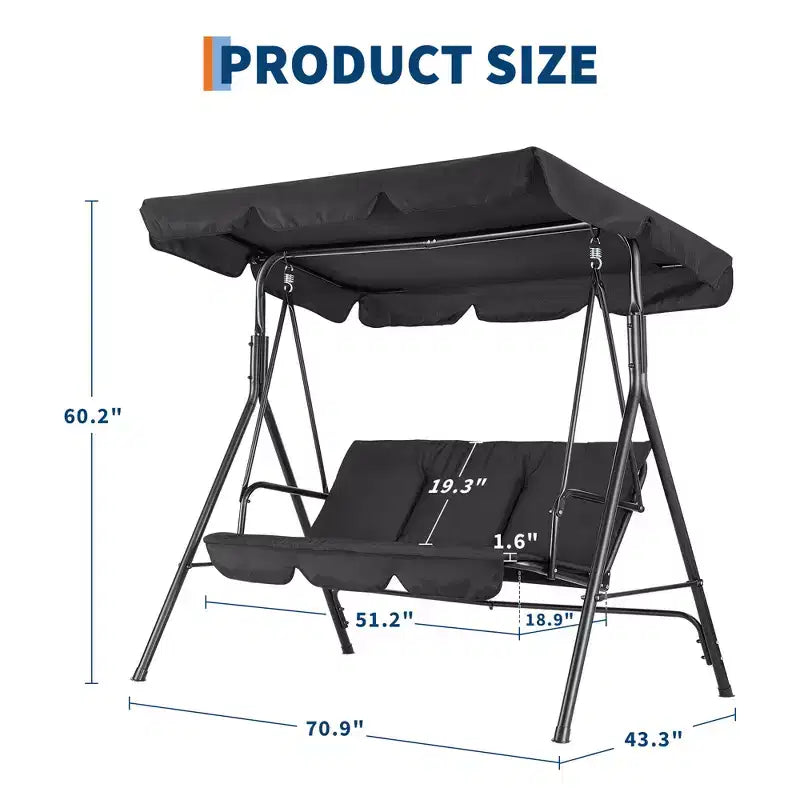 Outdoor Swing Chair with Adjustable Canopy, 3-Person Outdoor Patio SwingChair with Adjustable Tilt Shade, Porch Swing 3 Seater with Canopy