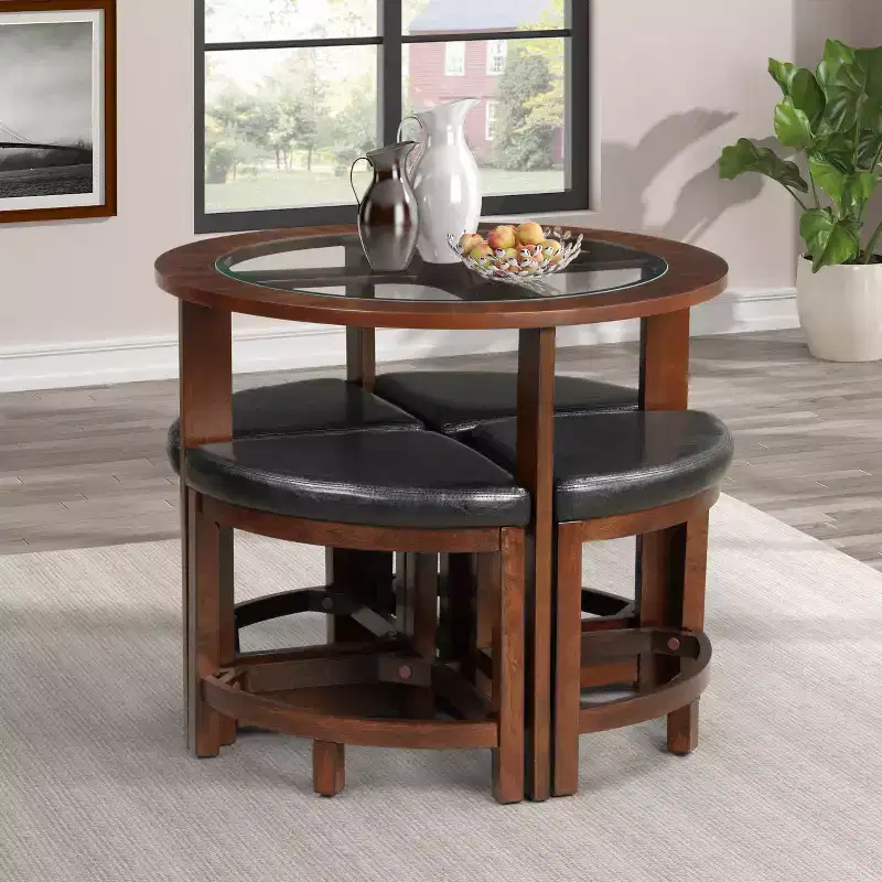 GDFStudio Alden 5 Piece Modern Round Glass Top Dining Set with 4 Triangular Stools