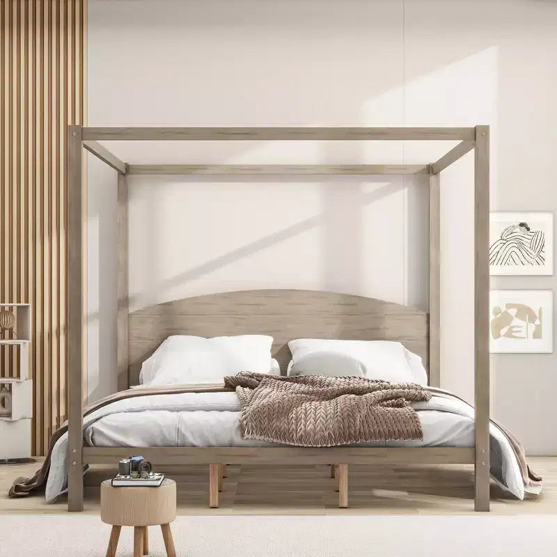 Whisen Minimalist Style King Size Canopy Platform Bed with Curved Headboard and Wood Support Legs