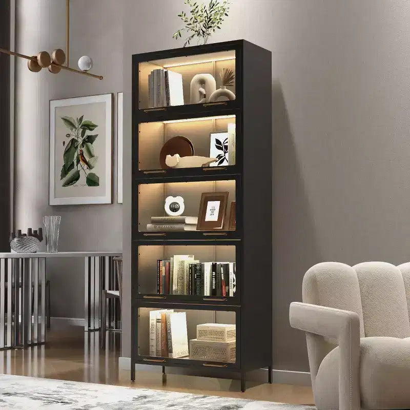 76 Tall Display Cabinet �C 5-Tier Metal Bookcase, Glass Doors & LED Strip Lighting