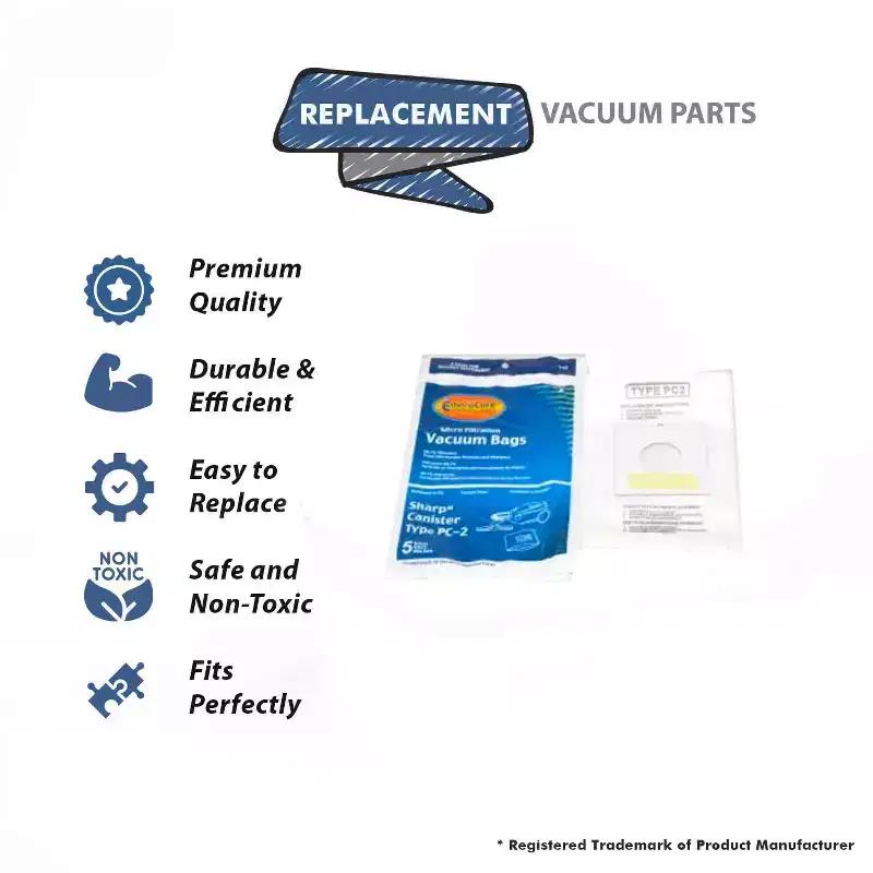 Topvacuumparts Replacement Part For Sharp Type PC-2 Canister Micro Vacuum Cleaner Paper Bags 5PK # compare to part SHR-14455
