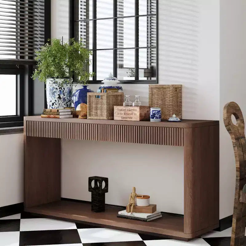 JVNOXK 60-inch Modern Double-Drawer Recessed-Edge Side Table, Natural Wood Finish, Can Serve as a Sofa Table, Suitable for Living Rooms, Walnut Color