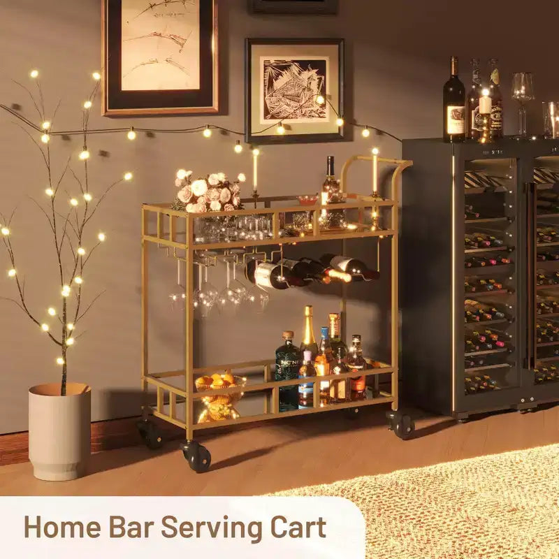 2-Tier Portable Bar Cart with Mirrored Shelves, Rolling Service Trolley with Wine Rack, Glass Holder, Beverage Serving for Home, Dining & Living Room
