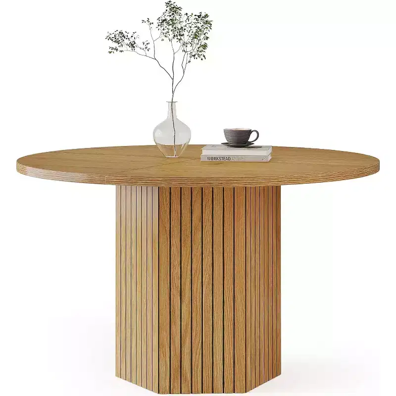 Wood Dining Table for Dining Room, Round 47 inch Dinner Table for 4 People with Pedestal Base and Circle Oak Tabletop