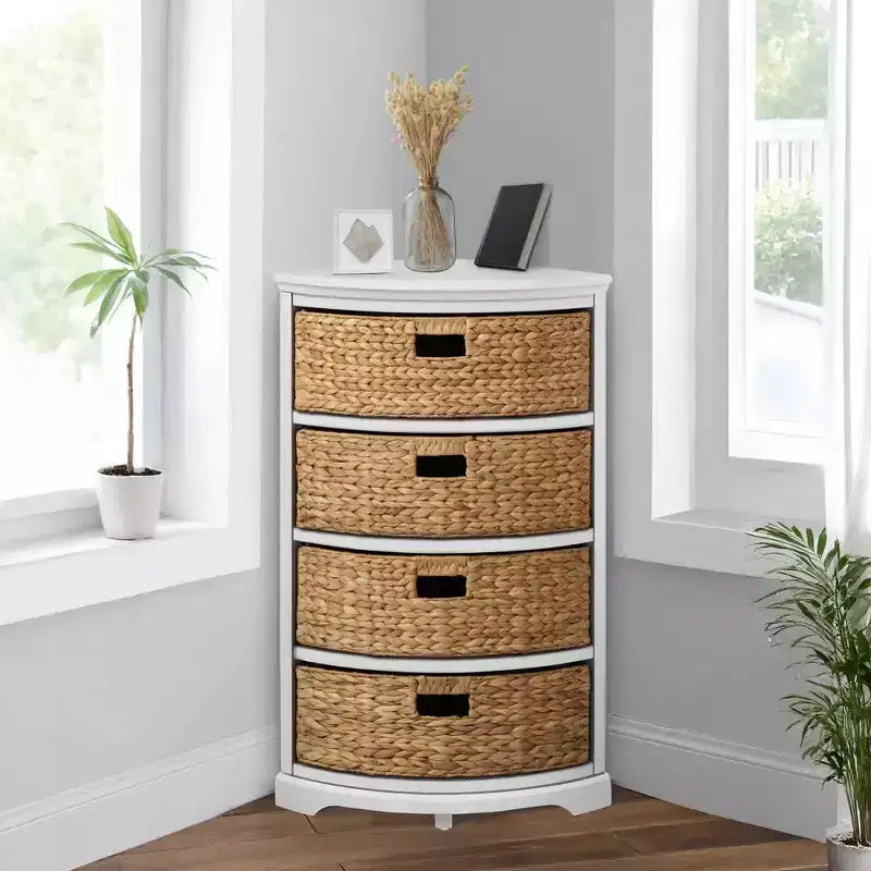 eHemco Hampton Meadows 4 Tier X-Side Corner Storage End Table with 4 Wicker Baskets
