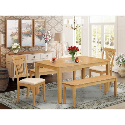HomeStock 5-Piece Rectangle Natural Oak Finish Solid Wood Top Dining Table with 2 Benches, 2 Chairs