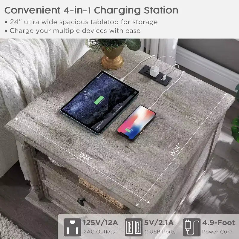 24 Farmhouse Night Stand with Charging Station, Square NightStand End Table Side Table with 2 Drawers for Living Room