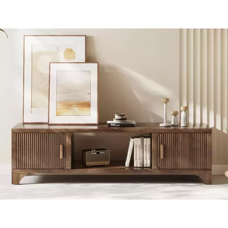 Mid Century Modern TV Stand for 55–65 Inch TVs, Boho Media Console with Fluted Doors, Storage Cabinets & Open Shelf