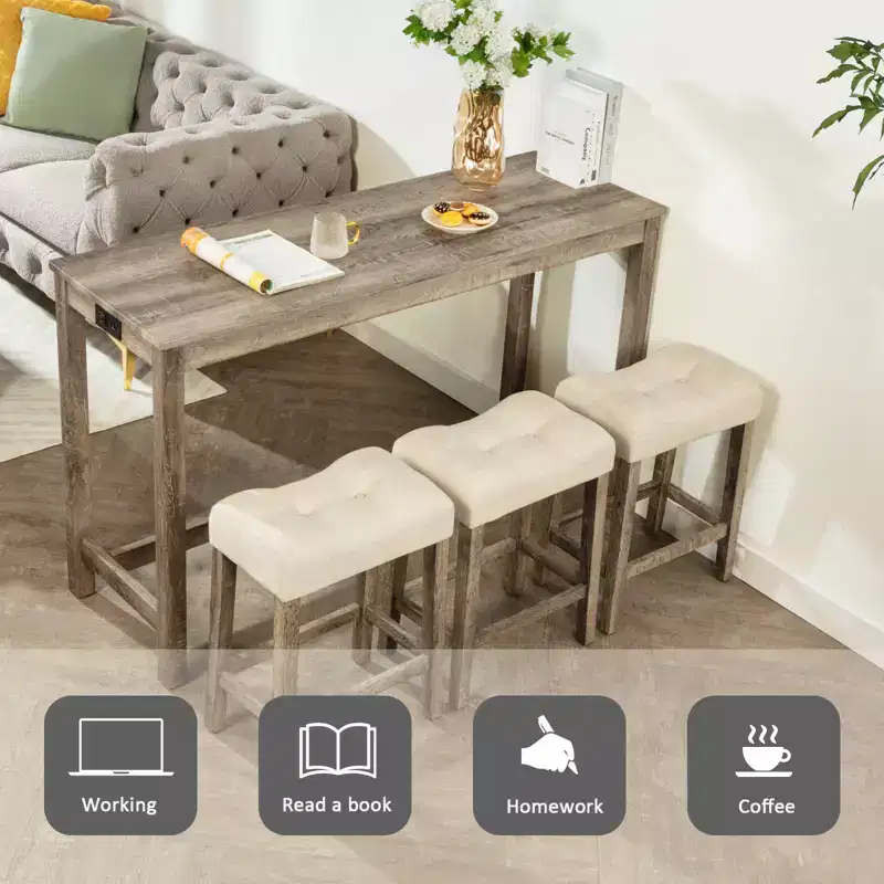 4-Piece Dinner Table Set , Dining Bar Table and Chairs Set,Bar Table Set with 3 Padded Stools,Brown