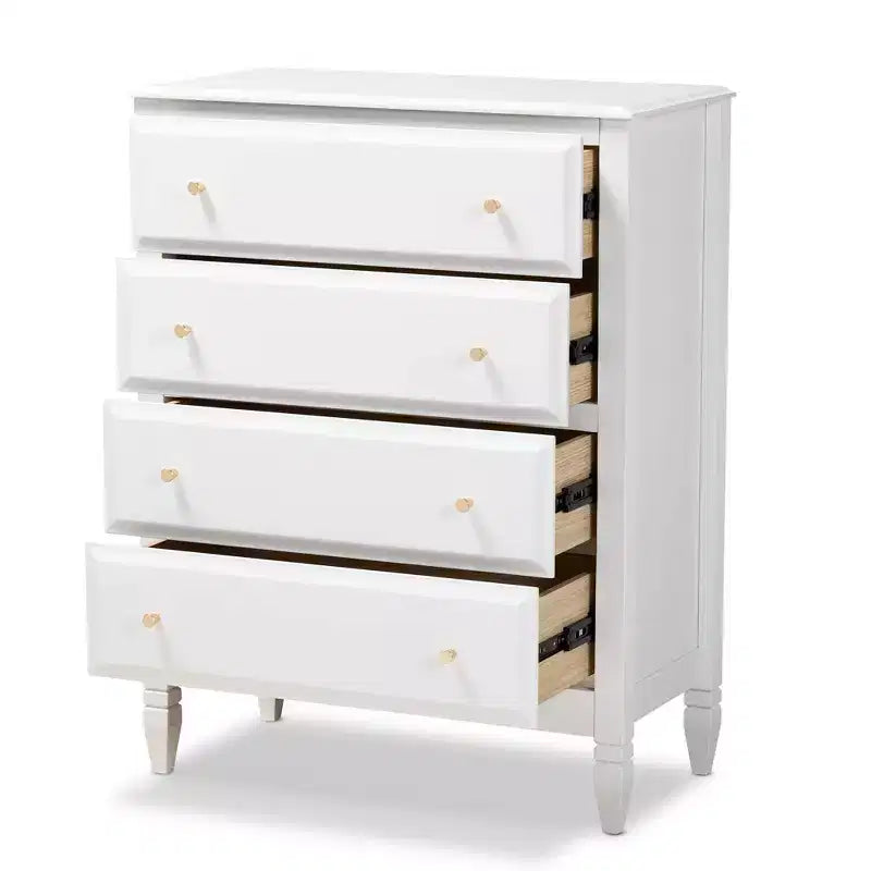 Baxton Studio 4 Drawer Naomi Wood Bedroom Chest White/Gold: Elegant Storage Solution with Anti-Tip Hardware