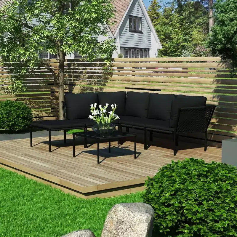 vidaXL 6 Piece Outdoor Patio Lounge Set with Cushions - Modular Black PVC Furniture Set with Steel Frame - Ideal for Garden, Patio & Outdoor Spaces