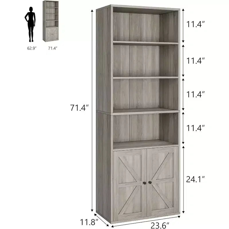 2pcs 71.4 Inch Tall 6-Shelf Bookcase, Farmhouse Style with 4 Doors, for Living Room and Home Office, Easy Assembly