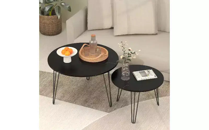 TUYOHW 2-Piece Nesting Round Coffee Table Set, Imitation Marble Top Metal Frame Center Table for Living Room, Circular Nesting End Table Set