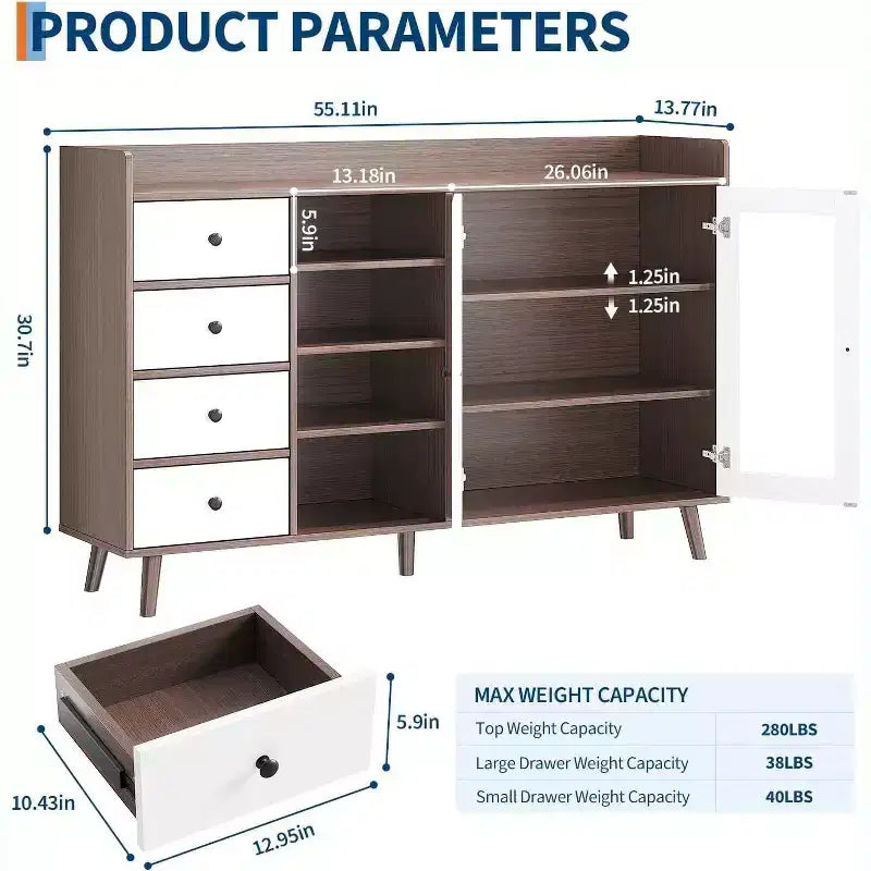 Acekool 55 Buffet Cabinet, Walnut Kitchen Storage Cupboard with Drawer, Glass Doors & Adjustable Shelves, Coffee Bar for Dining Room