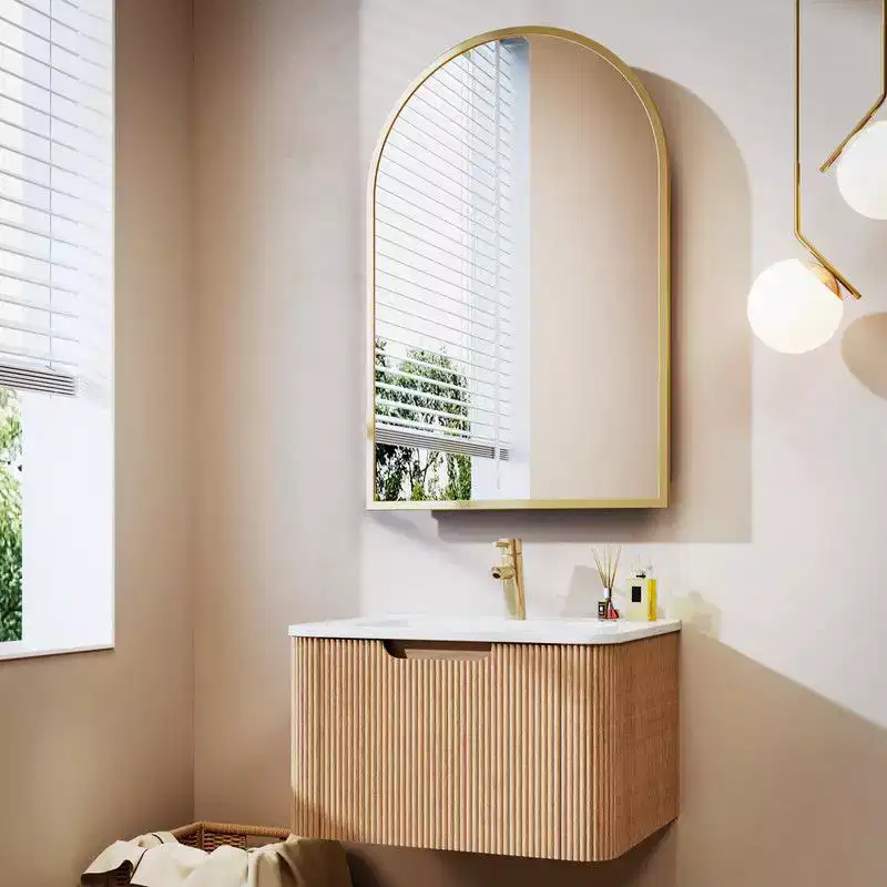 PexFix 24 Wall-Mounted Floating Bathroom Vanity with Cabinet Mirror Modern Curved Edge Storage Bathroom Cabinet in Walnut with Ceramic Basin