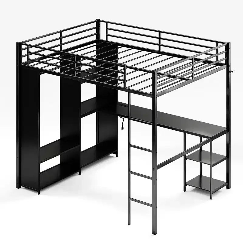 Queen Loft Bed with Built-In Desk, Metal Bed Frame with Wardrobe & Storage Shelves, Ladder, Guardrails