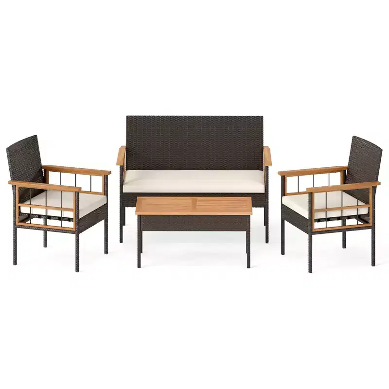 Gymax Set of 4 Patio Dining Set w/Acacia Wood Coffee Table White Cushions for Backyard Garden
