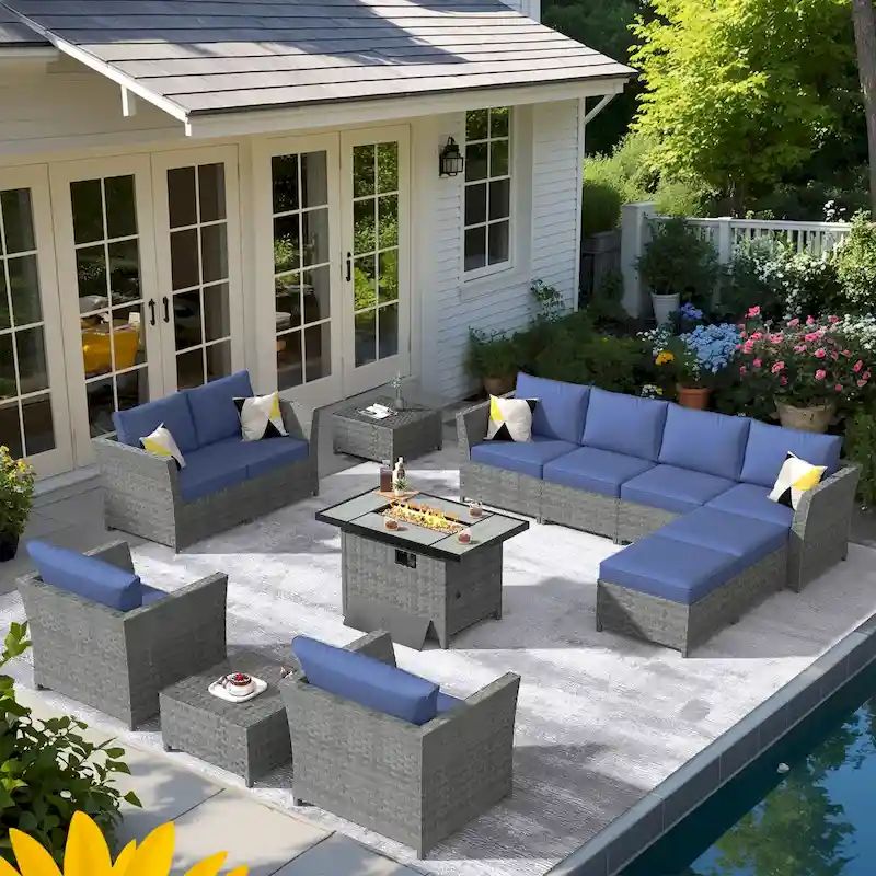 XIZZI 13-piece Patio Furniture Outdoor Wicker Sectional Set with Fire Pit