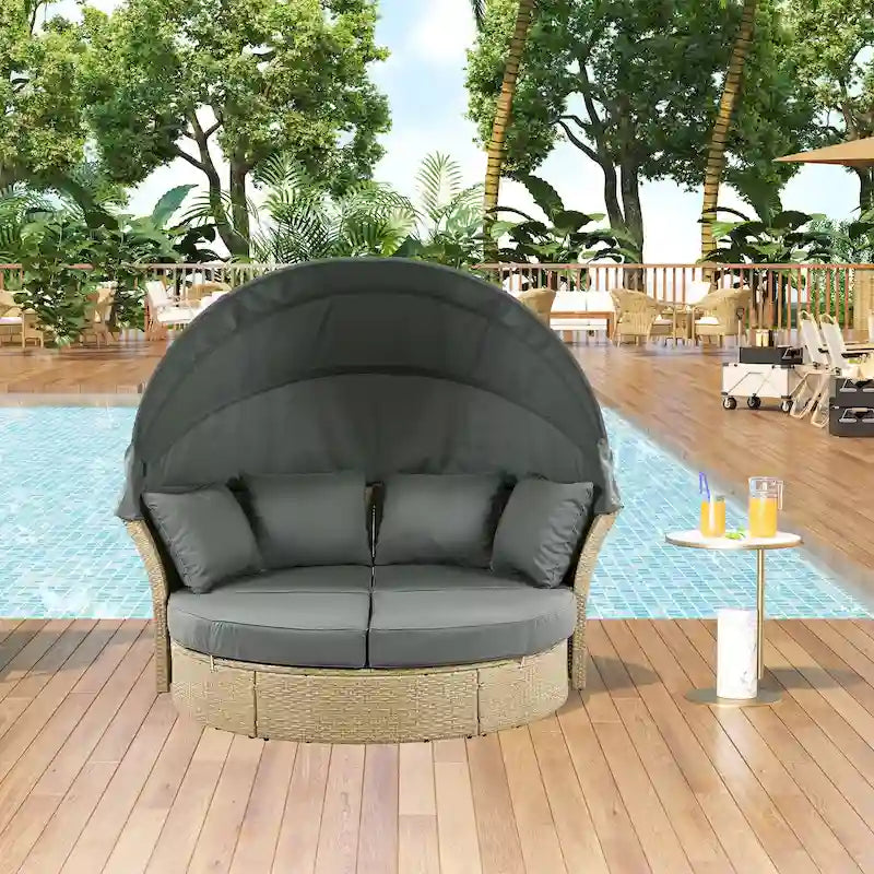 Outdoor Patio Daybed, Outdoor Furniture Set with Retractable Canopy, Patio Wicker Rattan Round Sofa with 4 Pillows