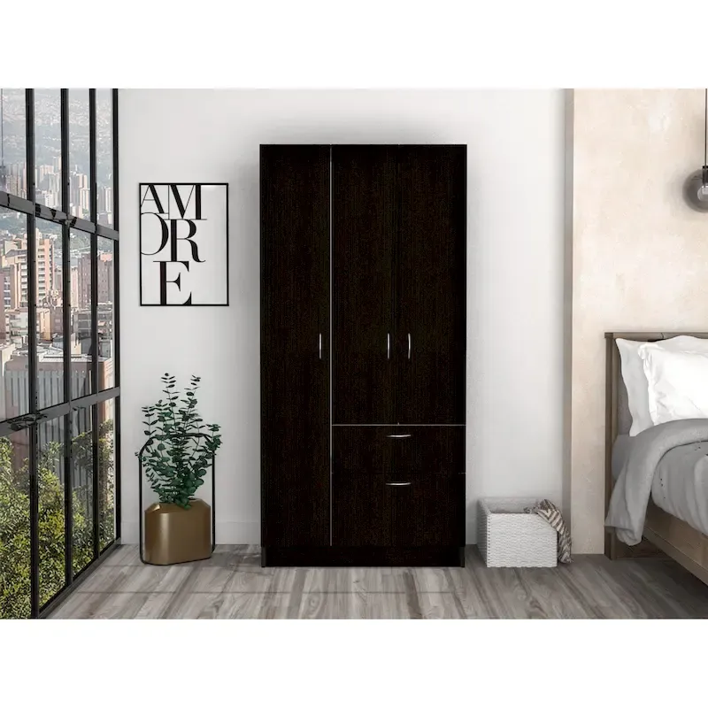 32.2 Modern Double-door Armoire with Five Shelves and One Drawer for Bedroom
