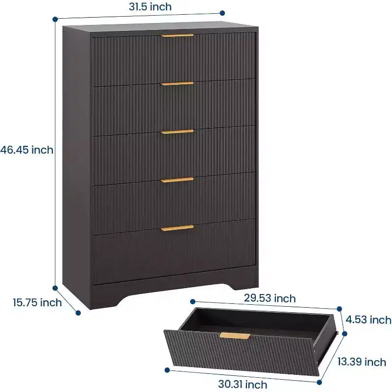 47 Inch Tall Fluted 5-Drawer Dresser with Gold Handles, Wood Tone Finish Storage Cabinet for Bedroom Closet and Entryway, Multi-Use Organizer
