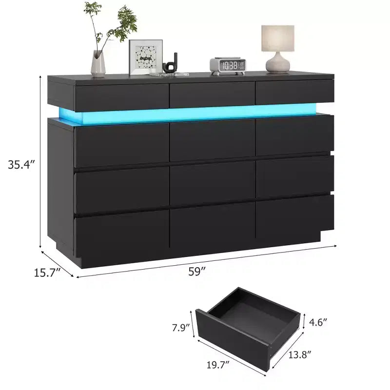 Modern Dresser for Bedroom, 59 Wooden Dresser with LED Lights, Modern Dressers & Chests of Drawers for Living Room Hallway Bedroom