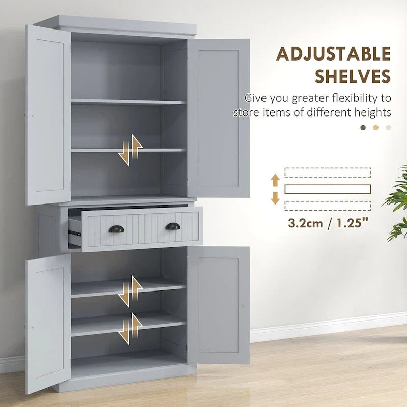 72 Kitchen Pantry Storage Cabinet, Traditional Freestanding Cabinet with 4 Doors and 3 Adjustable Shelves, Large Central Drawer