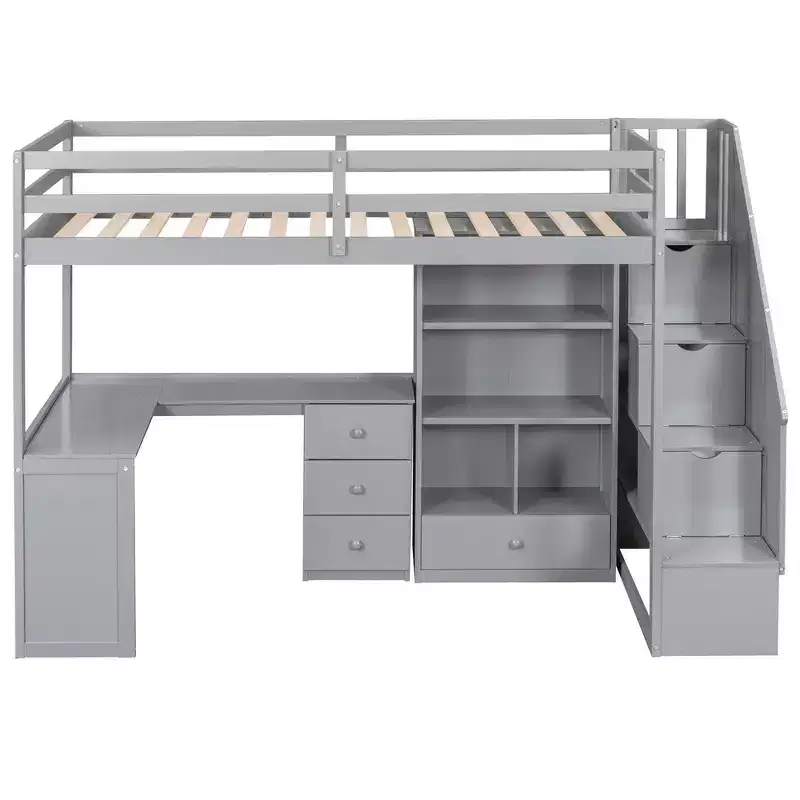 Twin Size Loft Bed with L-Shaped Desk, 3 Drawers, Cabinet, Staircase Storage, Solid Pine/MDF Build