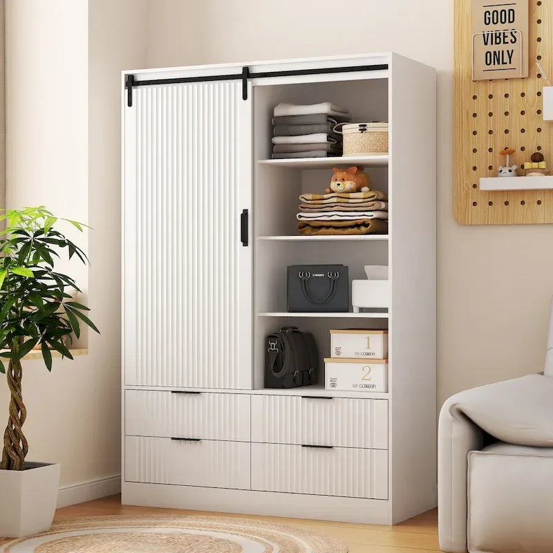 Tall Bedroom Armoire Wardrobe Closet Clothing Storage Cabinet with Hanging Rod Barn Door Drawers Open Shelves