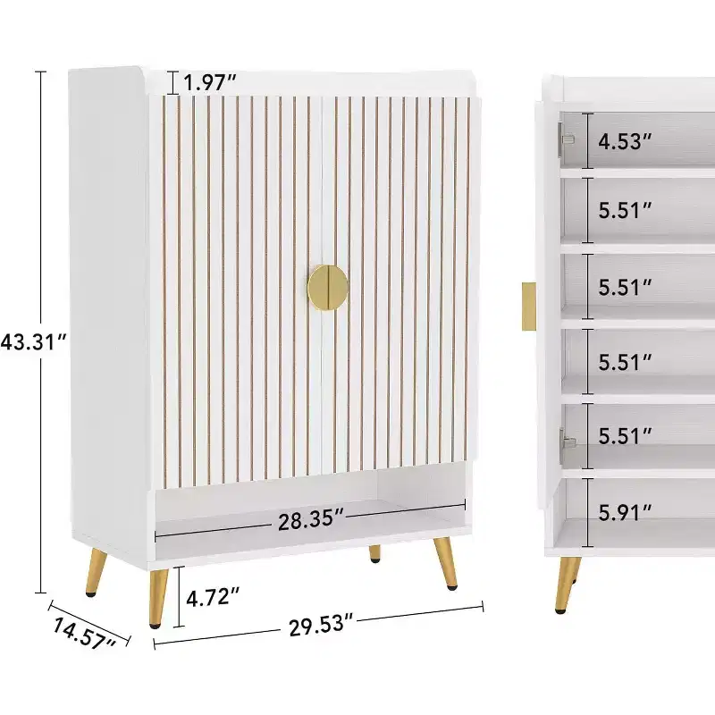 6-Tier Wooden Shoe Cabinet with Doors and Adjustable Shelves, White & Gold, for Entryway or Hallway
