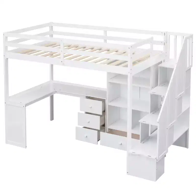 Twin Size Loft Bed with L-Shaped Desk, 3 Drawers, Cabinet, Staircase Storage, Solid Pine/MDF Build