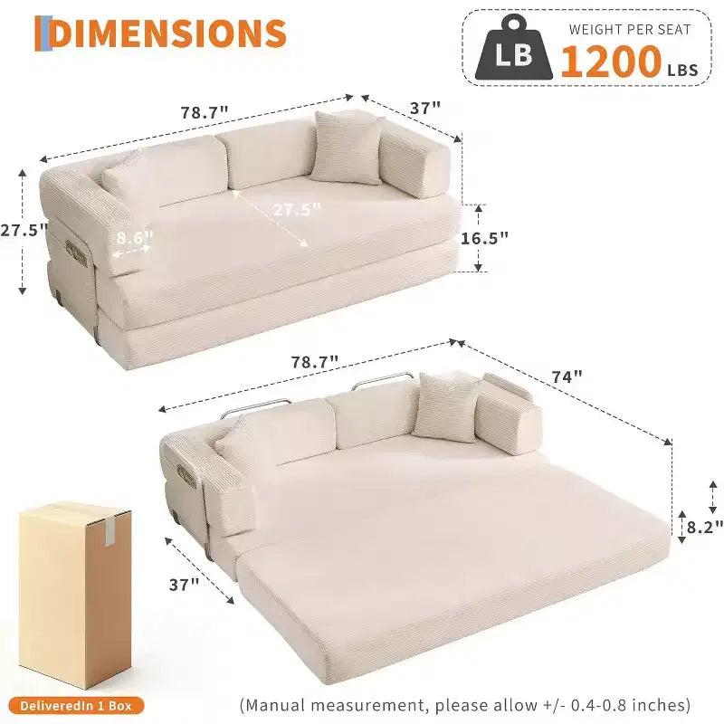 5-in-1 Convertible Sofa Bed, 78.8 Corduroy Sleeper with Sturdy Frame, No Assembly, for Small Spaces & Guest Rooms