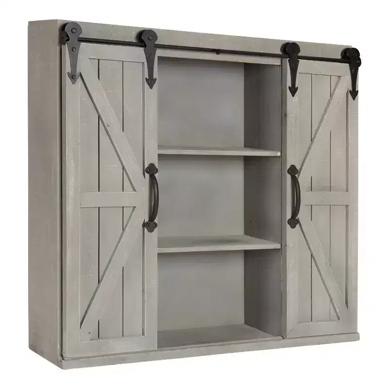 Decorative Wood Wall Storage Cabinet with 2 Sliding Barn Doors Rustic Gray - Kate & Laurel All Things Decor: Vintage Farmhouse Organizer