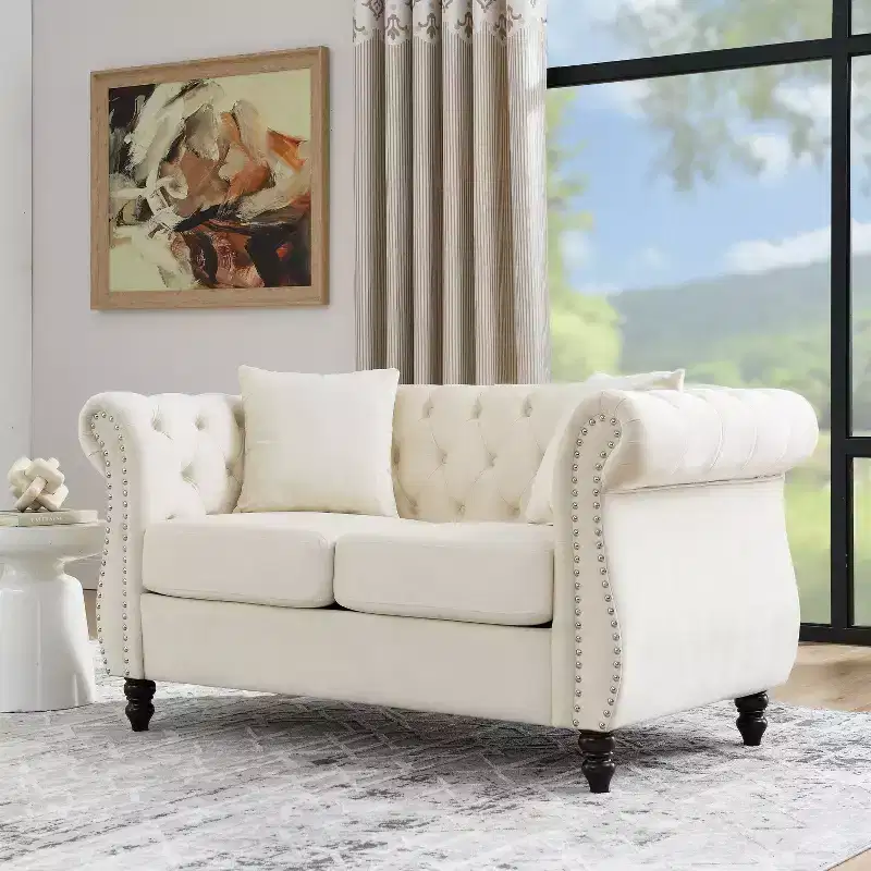 58.8 Chesterfield Sofa Beige Velvet for Living Room, 2 Seater Sofa Tufted Couch with Rolled Arms and Nailhead for Living Room