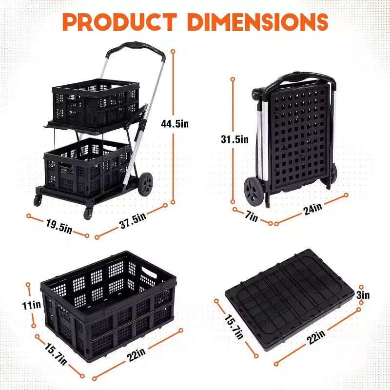 Two Layers Folding Shopping Carts,Multi Use Collapsible Carts with 360 Rolling Swivel Wheels Shopping Cart with Storage Crate for Groceries, Warehouse