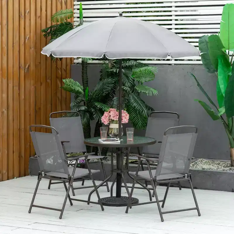 6 Piece Patio Dining Set for 4 with Umbrella, with 4 Folding Dining Chairs & Round Glass Table for Garden