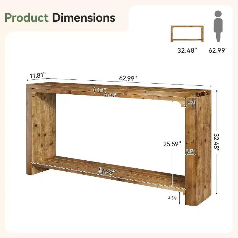 Lantine 63-Inch Solid Wood Console Table, Farmhouse Style 2-Tier Storage for Living Room, Entryway, Foyer, Behind Sofa, Rustic Brown