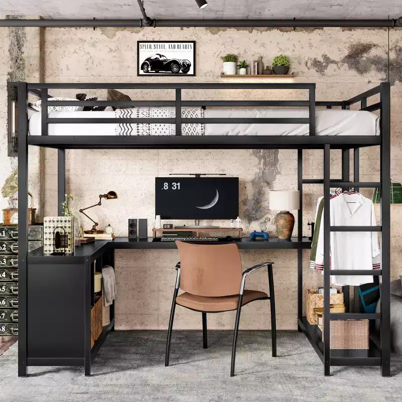Bellemave Queen Metal Loft Bed with L-Shaped Desk & Wardrobe, Space-Saving Loft Bed with Storage Shelves & Guardrails, Black