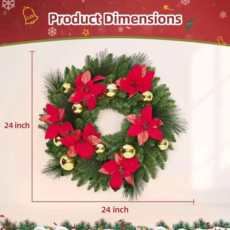 24 in Pre-Lit Christmas Wreath, Front Door Lighted Wreath with Flower Cypress Leaves Christmas Ball, Christmas Decorations
