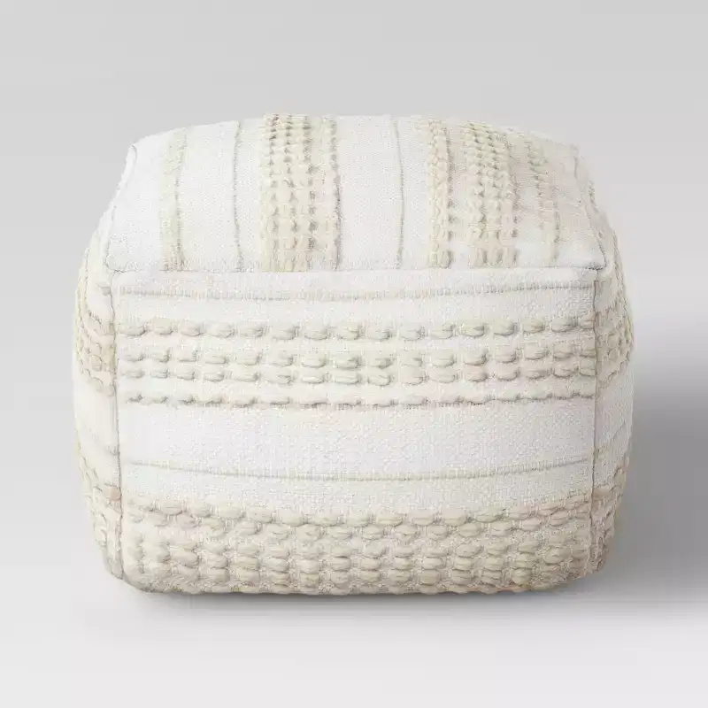 Lory Pouf Textured Neutral - Threshold™: Bohemian Square Ottoman, Tufted Handmade, Light Beige, Cotton Wool Blend