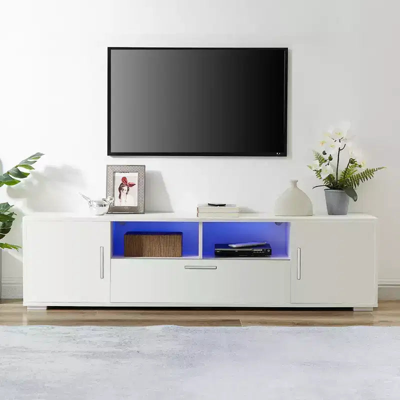 62.99 Stylish TV Stand with LED Light Belt, Open Cells and Metal Handle, Media Entertainment Center for 69 TV 4W - ModernLuxe